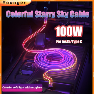 Starry Sky Luminous สายชาร์จ 100W Super Fast Charger สายไฟที่มีสีสัน USB Charger สายไฟ 6A สายเคเบิลข้อมูลสําหรับ ios15 ประเภท C