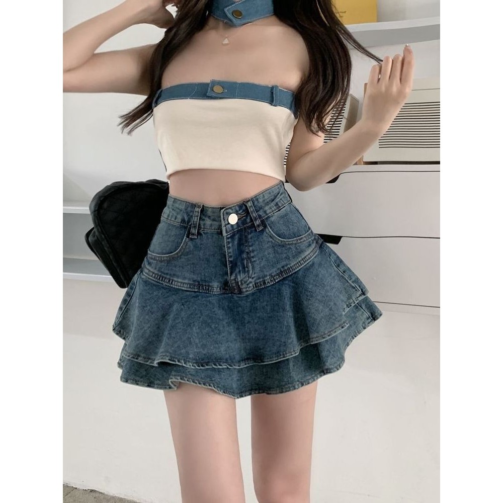 Design Sense Retro Patchwork Skirt High Waist Hot Girl WomenaLine Skirt Summer New Ruffled Denim Small Man