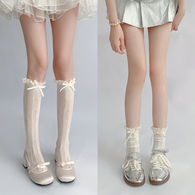 สไตล์ญี่ปุ่นสาวหวานถุงเท้ายาวถุงน่อง JK Lolita Bowknot Ruffles เข่าถุงเท้าผู้หญิง Hollow Out ตาข่าย Fishnet ถุงน่อง