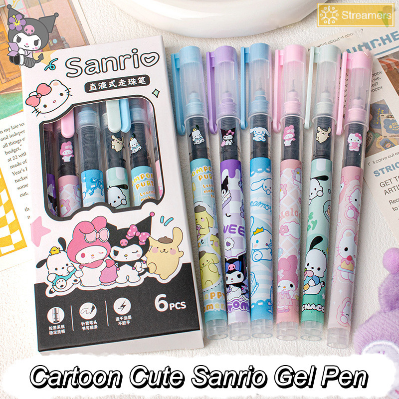 {Streamers} 6 ชิ้น/เซ็ต Kawaii Sanrio Hello Kitty Kuromi 0.5 มม.ปากกาเจลน่ารักสีดํา Smooth Wrig ปากกาเครื่องเขียนนักเรียนอุปกรณ์สํานักงานของขวัญใหม่