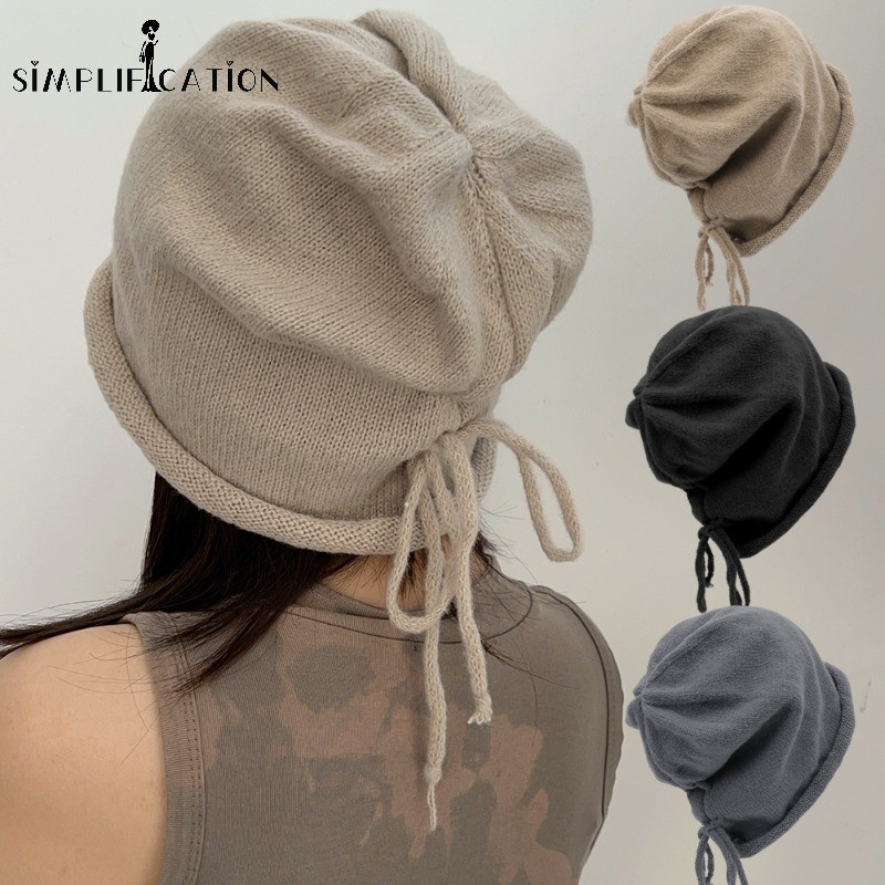 เกาหลี Ins สีทึบถักหมวก Beanies - ฤดูใบไม้ร่วงฤดูหนาวอุ่น Drawstring Skullcaps Hip Hop หมวก