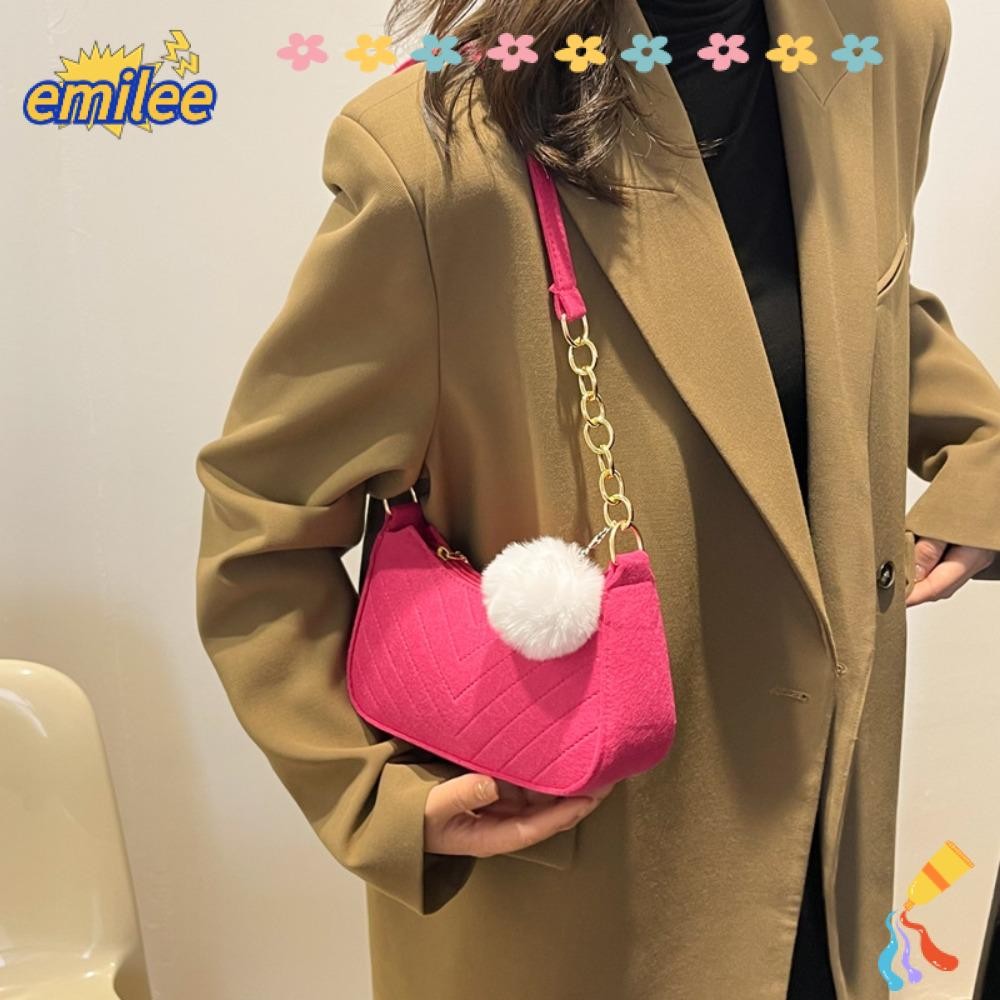 Emilee Tote Bag, กระเป๋าสะพายขนาดเล็กสีทึบ, Casual Chain Felt Underarm Bag Female