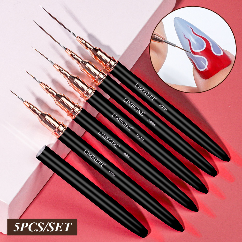 Limegirl 5 ชิ้นสีดํา/สีชมพูเล็บชุดแปรง Professional Stripe Nail Art Liner แปรงสําหรับเล็บ Ultra-thin Line รายละเอียดวาดภาพวาดแปรง