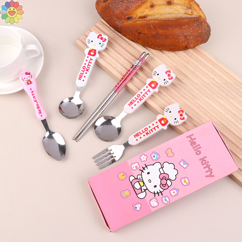 Gogo Kawaii Hello Kitty Chops ช้อนส้อม Sanrio KT แมวสแตนเลสชุดอาหารเย็นแบบพกพาอะนิเมะ Flatware TH