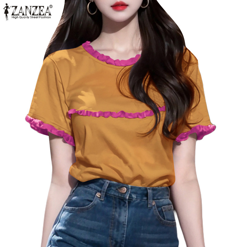 Zanzea ผู้หญิงเกาหลีลําลองคอกลมแขนสั้น Contrast สี Ruffles เสื้อ