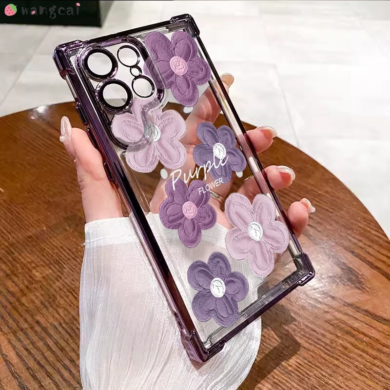 สําหรับ OPPO A3 A2 A1 Pro 5G A1s A1x A1K เคสโทรศัพท์สไตล์เกาหลีสีม่วงภาพวาดสีน้ํามันทาสีดอกไม้ถุงลมนิรภัยป้องกันการตกกันกระแทกโปร่งใสปลอกอ่อนกรณีฝาหลัง