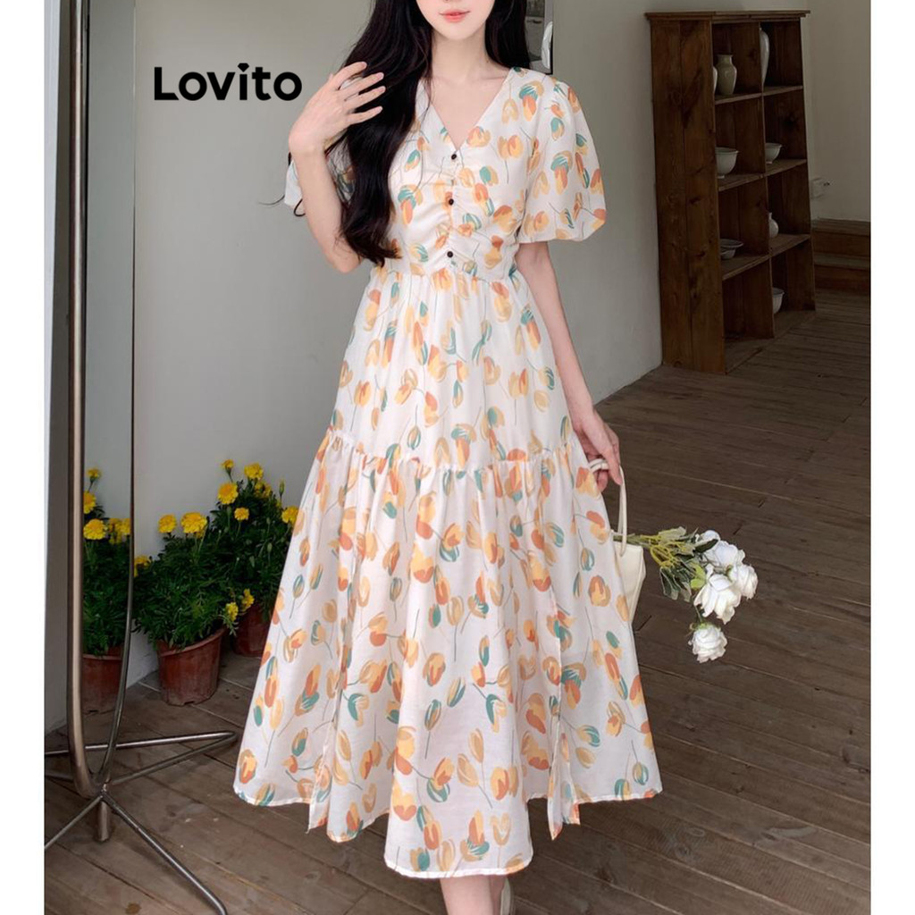 Lovito เดรสผู้หญิง ลายดอกไม้ ผ้าแจ็คการ์ด สไตล์หรูหรา LNE69611