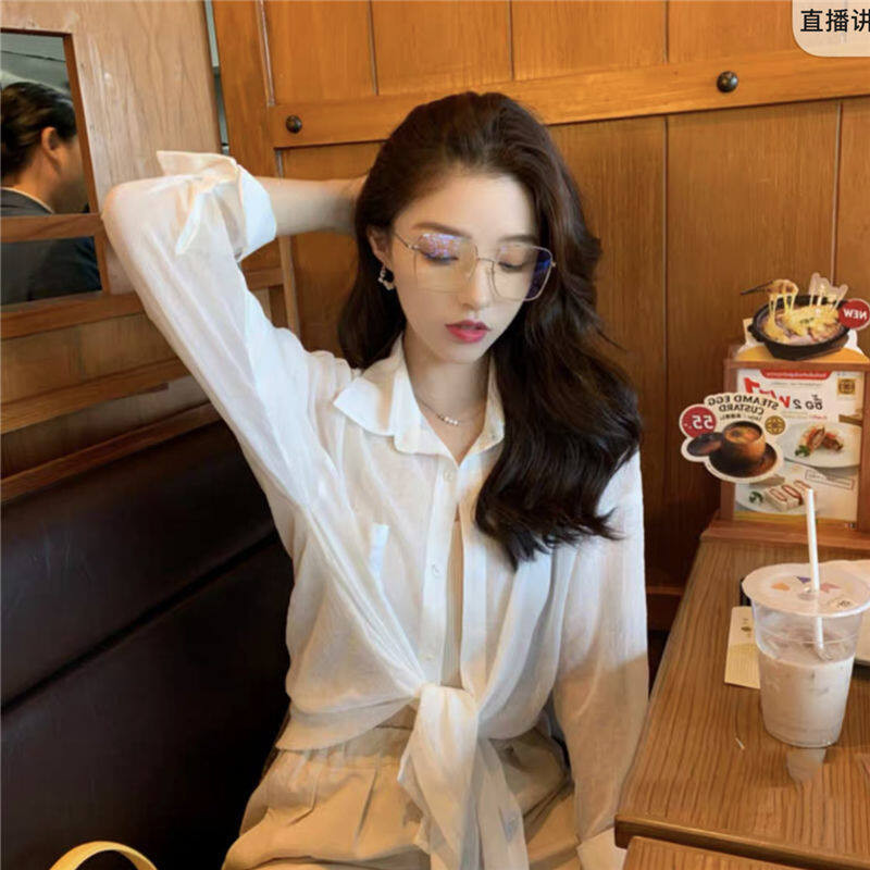 PKB7712 เสื้อเชิ้ตผ้าลินินคอปกแขนยาวผู้หญิงป้องกันรังสียูวี ทรงหลวม ใหม่ อก40 พร้อมส่งจากไทย