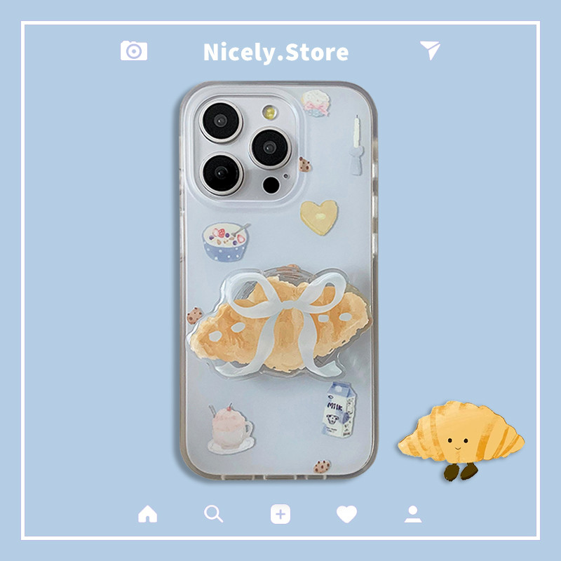 Simple Milk Bowknot Croissant Holder Stand เคสโทรศัพท์สําหรับ iPhone 16 15 14 13 12 Pro Max 16Pro 15Promax IMD Dirt Resistance Case Cover