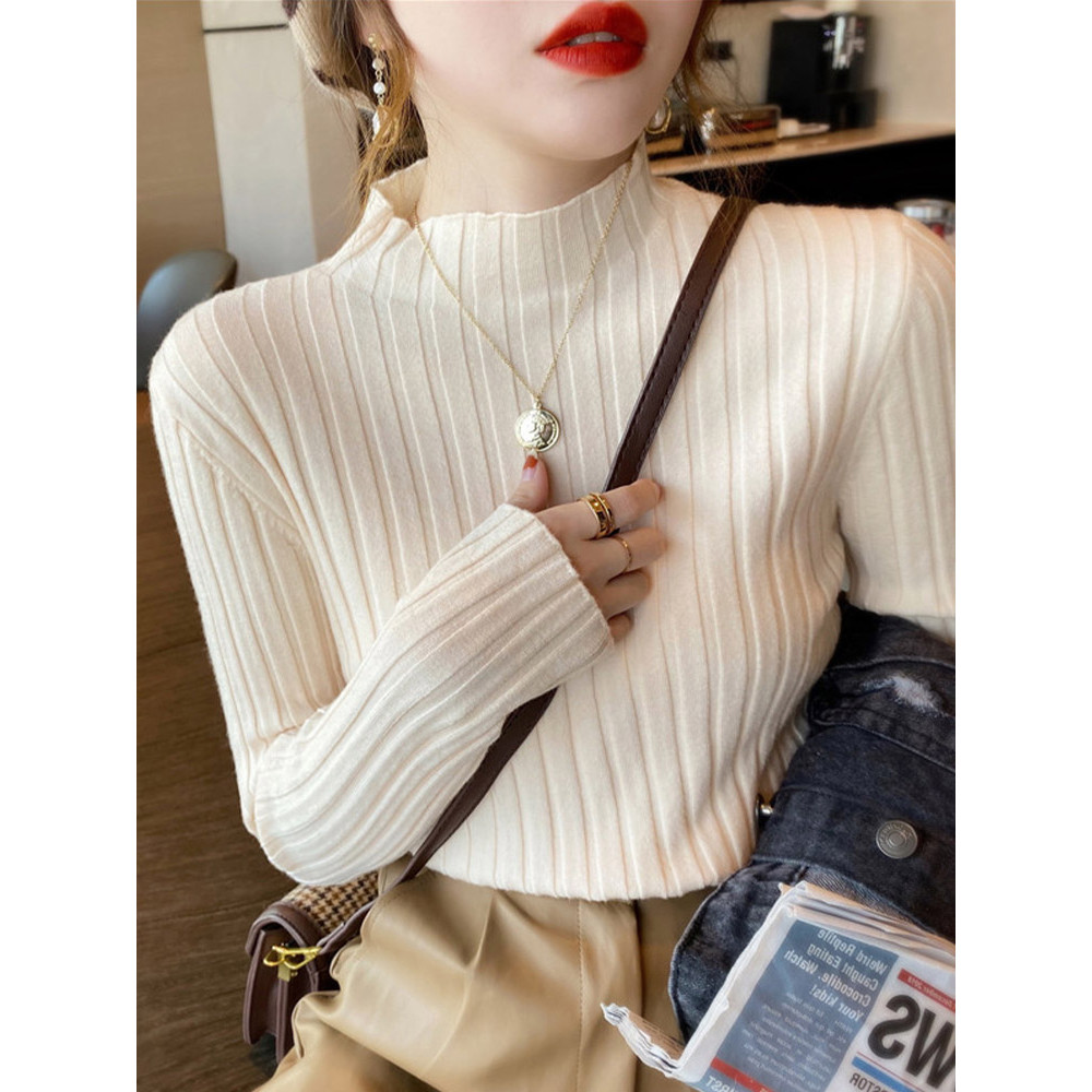 คอสูงขาวดำอเนกประสงค์เซ็กซี่สาวร้อนเอว cinched แขนยาวเสื้อยืดฐาน