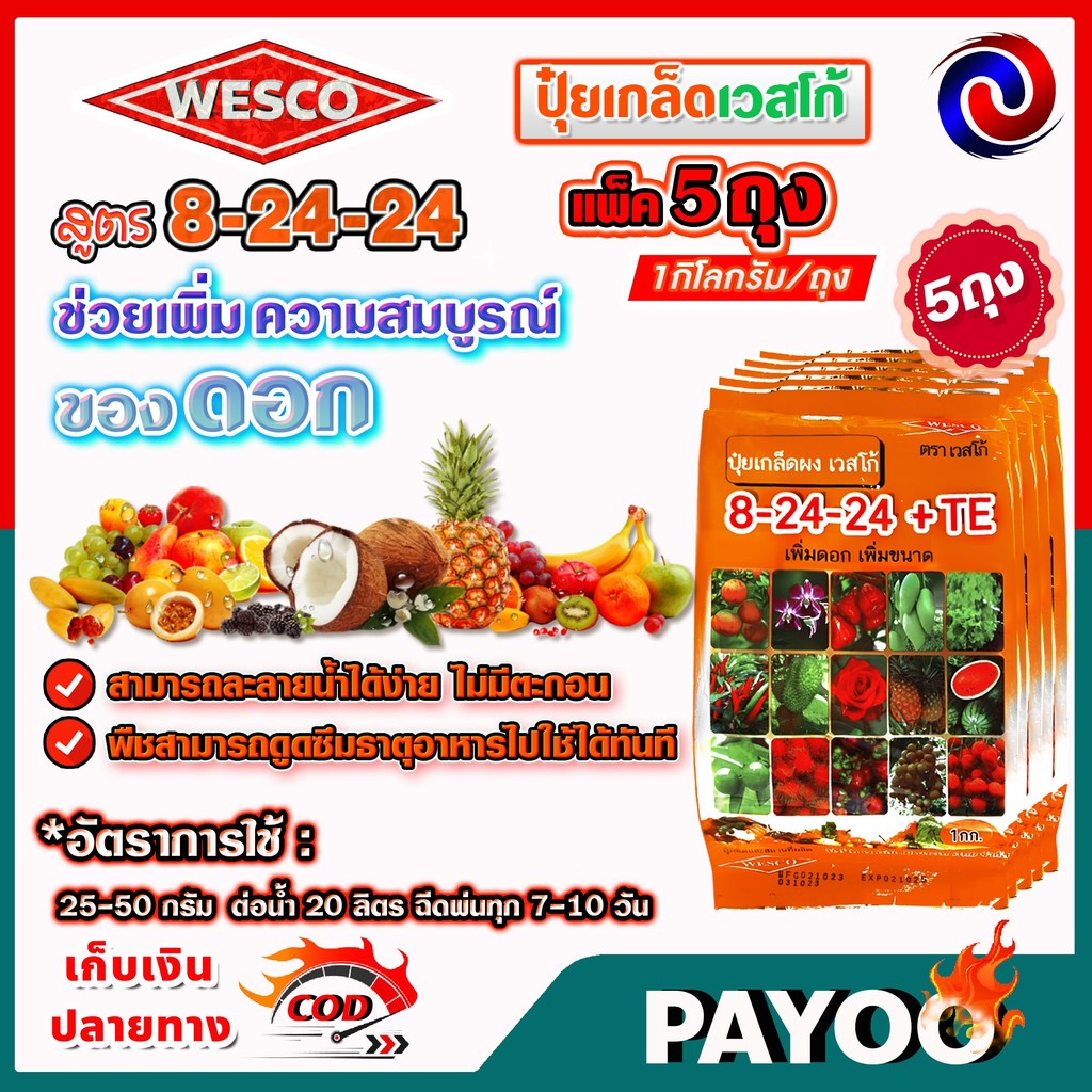 ปุ๋ยเกร็ด เวสโก้ 8-24-24+TE WESCO สูตรเพิ่มดอก เพิ่มขนาด ละลายน้ำได้ดี บรรจุ 1 กิโลกรัม