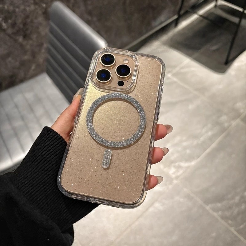 ความงาม bling Glitter สําหรับเคสชาร์จไร้สายสําหรับ เคสโทรศัพ iPhone 16 plus 15 14 13 12 Pro max ฝาครอบกันชนใสแม่เหล็ก
