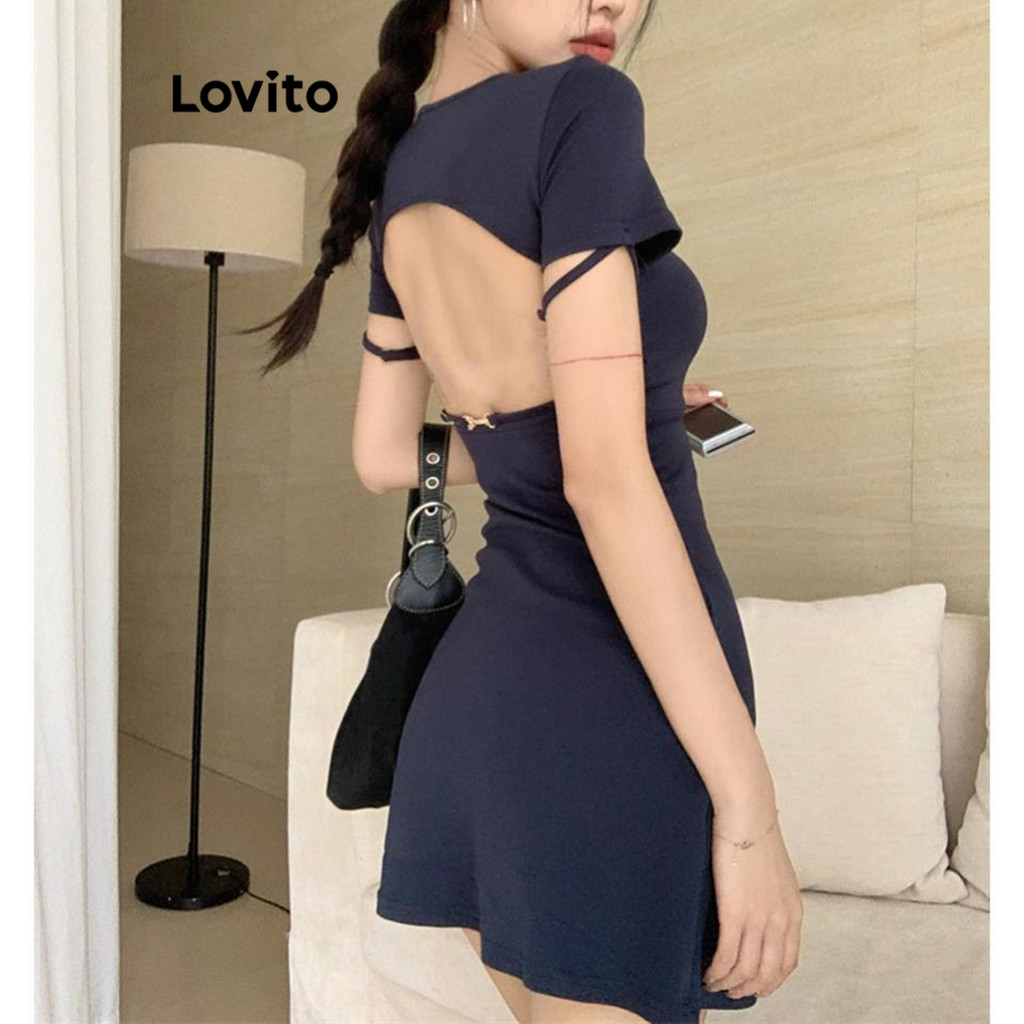 Lovito เดรสผู้หญิง คัทเอ้าท์ สีพื้น สไตล์ลำลอง LNA69115