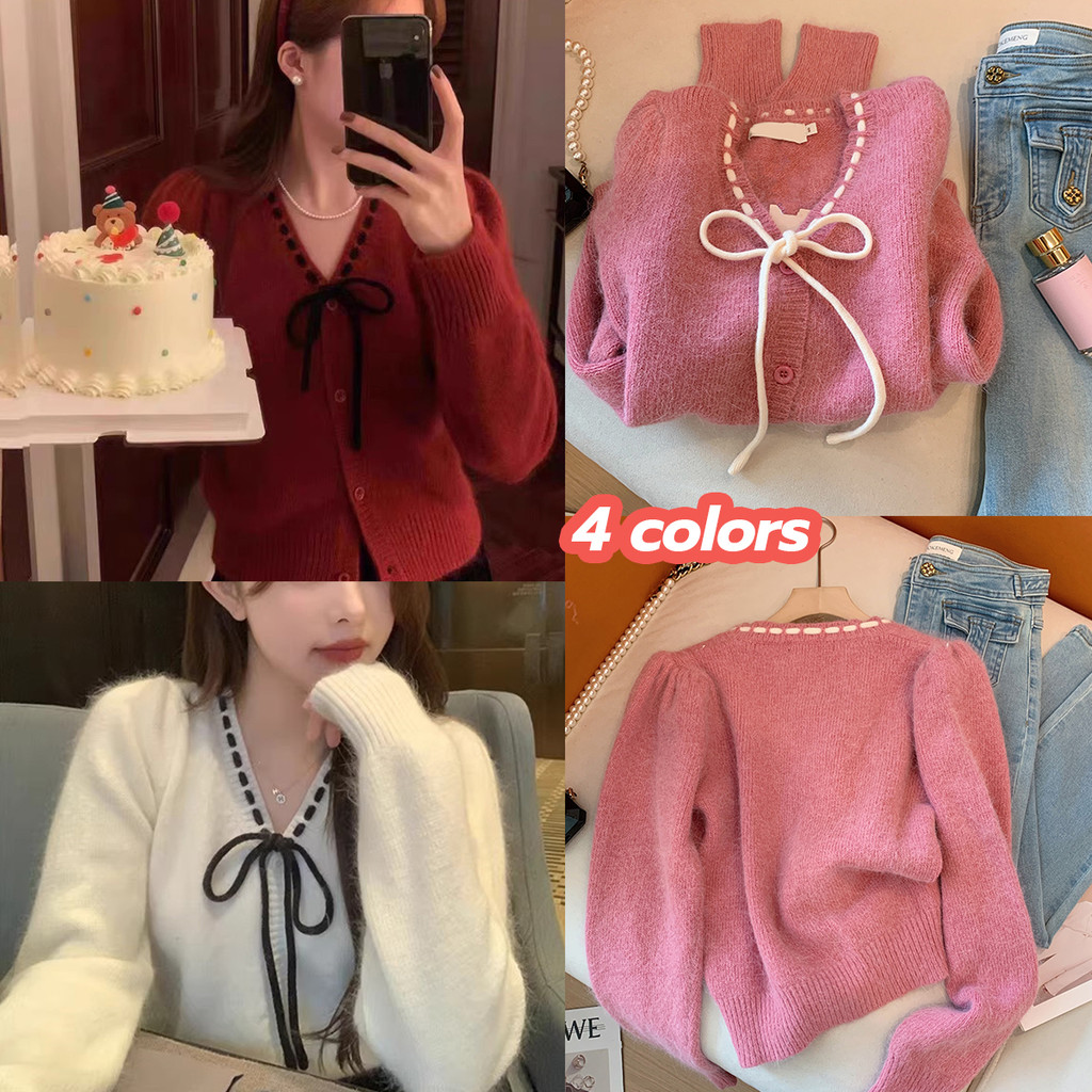 mimi&didi#เสื้อคลุมไหมพรมแขนยาว คาร์ดีแกน คอวี ดีเทลดิ้นเชือกผูกโบว์ เสื้อกันหนาวแฟชั่นเกาหลี#X024