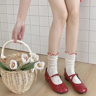 🌸พร้อมส่งในไทย🧦ถุงเท้าลูกไม้โลลิต้าสไตล์ญี่ปุ่น สีทึบ บางเฉียบ ระบายอากาศได้ดี หวานและน่ารัก