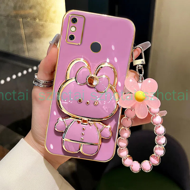 เคส infinix TECNO SPARK 6 GO SPARK 6 5 AIR SPARK 7 5 PRO เคสโทรศัพท์ TPU 3D กระต่ายเครื่องสําอางกระจกแต่งหน้าขาตั้ง บางเฉียบ ชุบ กรณีอ่อนนุ่ม กรณีป้องกันการกระแทก พร้อมสร้อยข้อมือ