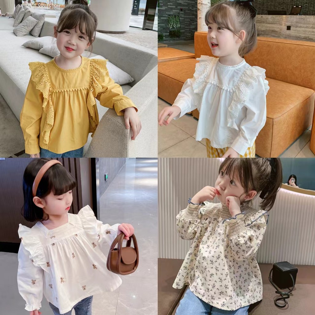 เด็กเสื้อผ้าหญิงฤดูใบไม้ผลิฤดูใบไม้ร่วงสไตล์ใหม่เวอร์ชั่นเกาหลีตุ๊กตาดอกไม้ปกเสื้อแขนยาว-0929