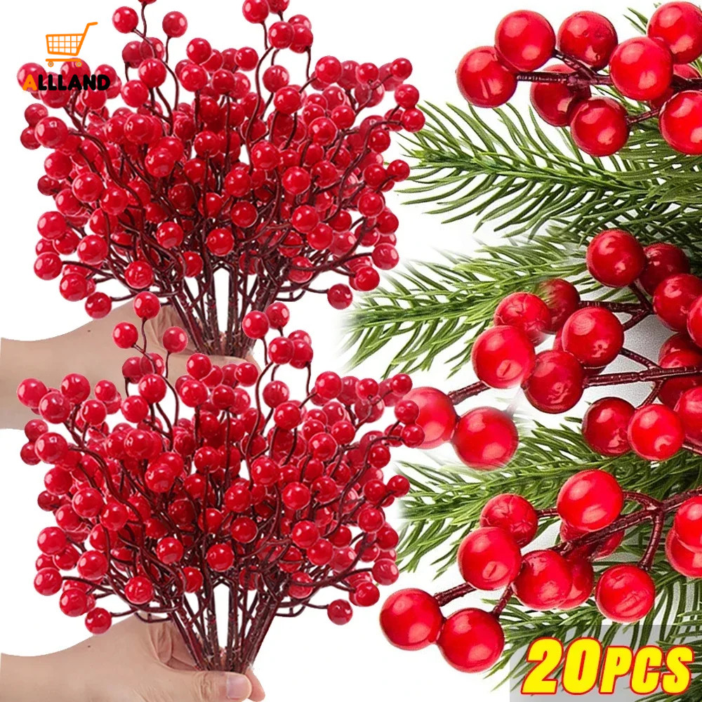 20 ชิ้นประดิษฐ์ Red Berries Stems - ปลอม Holly Berry สาขา - DIY พวงหรีดคริสต์มาสของขวัญห่ออุปกรณ์ตกแต่งบ้าน Xmas