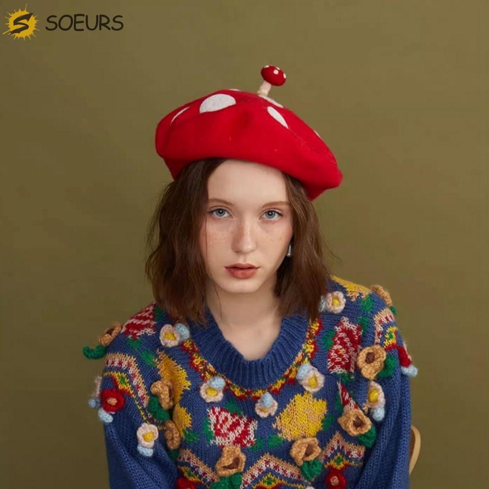 Soeurs เห็ดขนสัตว์ Beret,สีแดง Polka Dot สไตล์เกาหลีแปดเหลี่ยมหมวก,บุคลิกภาพศิลปินหมวกทําด้วยผ้าขนสัตว์ Newsboy หมวกน่ารักจิตรกรหมวกฤดูใบไม้ร่วง