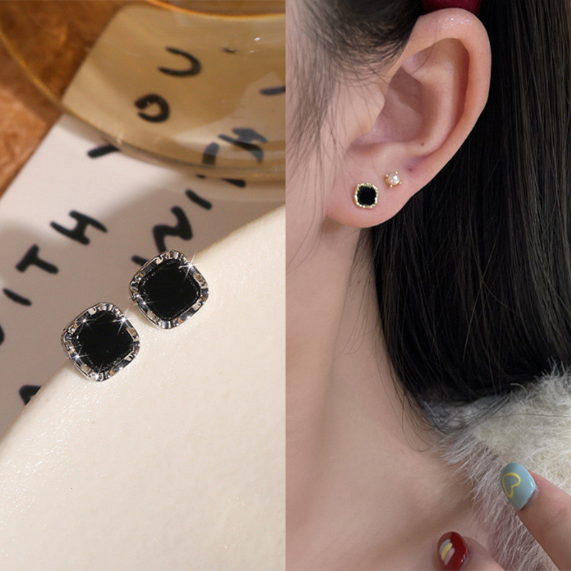 925 เงินสีดําสแควร์ อิน สไตล์ต่างหูผู้หญิง