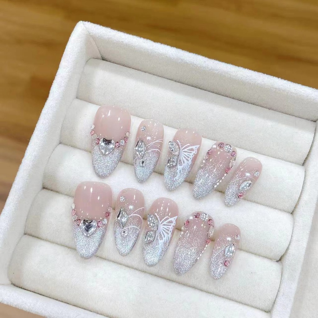 100% handmade เล็บประดิษฐ์ CLEAR Nude สีชมพูละเอียดอ่อนเพชรหลอดไฟ Cat's Eye รูปไข่/อัลมอนด์ shapephototherapy เล็บปลอม Patch กดบนเล็บ reusable พร้อมกาวฟรี