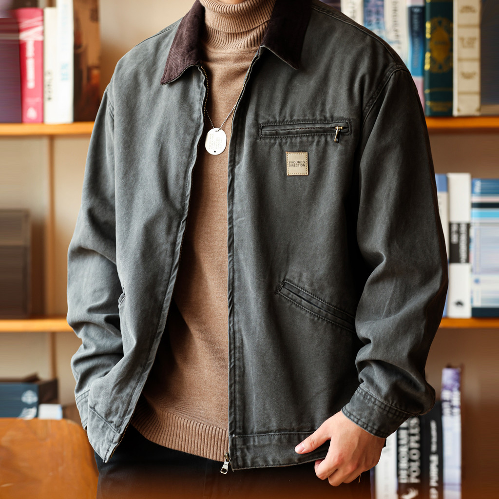 American Classic J97 Detroit Cargo Jacket Mens Stone-Frosted Washed 380g Heavy Canvas Hunter Jacket