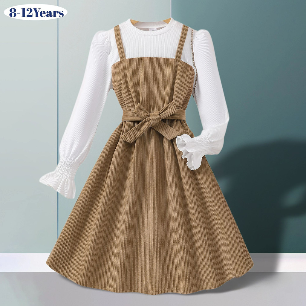 2025 ฤดูใบไม้ผลิฤดูใบไม้ร่วงเด็กสาวชุดแขนยาวบล็อกสีเข็มขัดสีกากีปลอมสองชิ้นเด็กชุดพรรคสบายๆของขวัญเจ้าหญิงสาวเสื้อผ้า8-12ปี