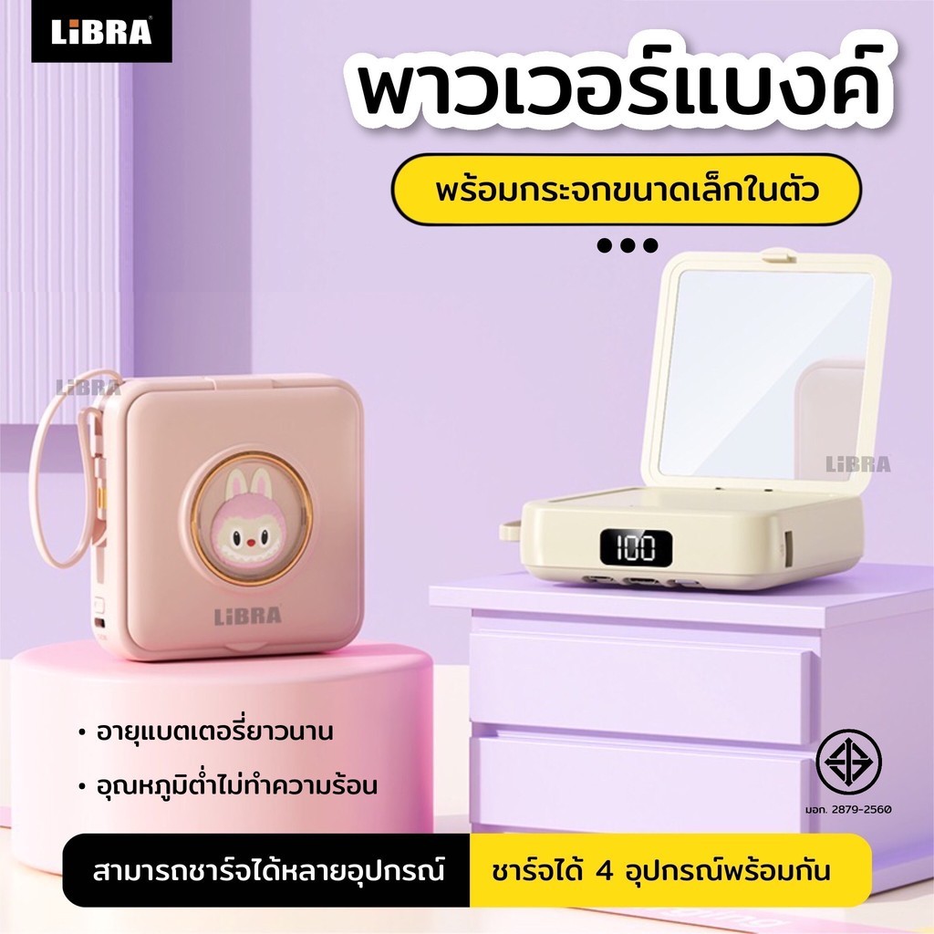 PowerBank 20000mAh ดีไซน์ลาบูบูสุดน่ารัก จอแสดงผลพลังงาน LED มาพร้อมกับสายข้อมูลสี่เส้นและกระจกพับในตัว แบตเตอรี่สำรอง