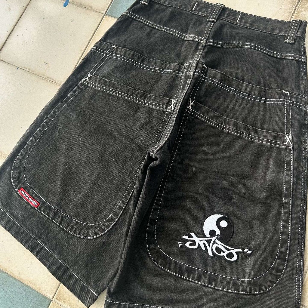 กางเกงยีนส์ JNCO Baggy Denim Shorts Y2k Sweatpants Harajuku Vintage Motorcycle Pattern Hip Hop Stree