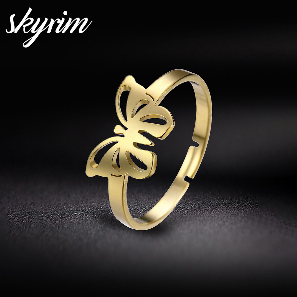 SKYRIM แหวนผีเสื้อกลวงสีทองหรูหราสแตนเลสเปิดเครื่องประดับแฟชั่นปรับได้
