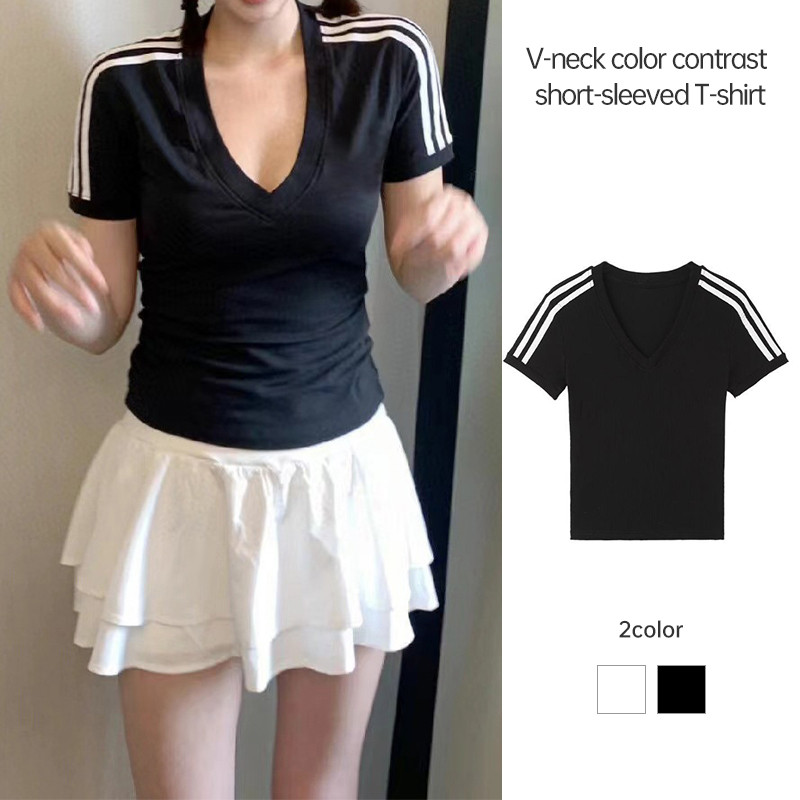 ผู้หญิงสบายๆ Slim Fitting V คอเสื้อยืดตัดกันแขนสั้นเสื้อยืดสาวร้อนสั้นด้านบน MEL