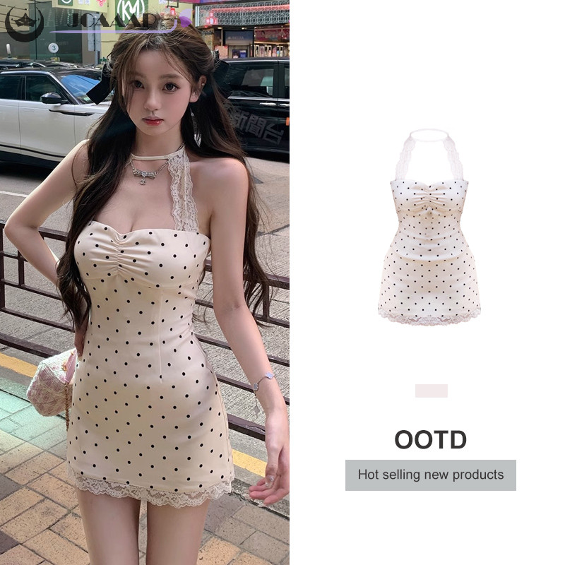 Jcaap ผู้หญิงเซ็กซี่ Polka Dot ลูกไม้ Patchwork แขนกุดชุดราตรี Mini Dress Th