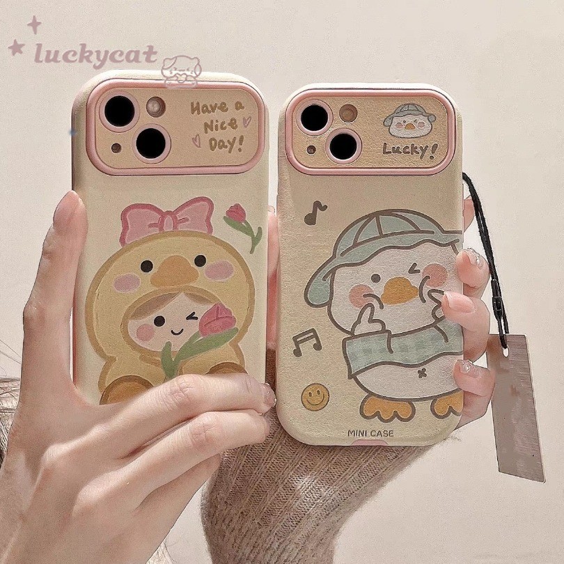 Iphone 16 15 14 13 12 11 Pro Max X Xr Xs Max 7 8 Plus SE2020 เคสโทรศัพท์การ์ตูนน่ารักสาวและเป็ดคู่นุ่ม + ปกลาน