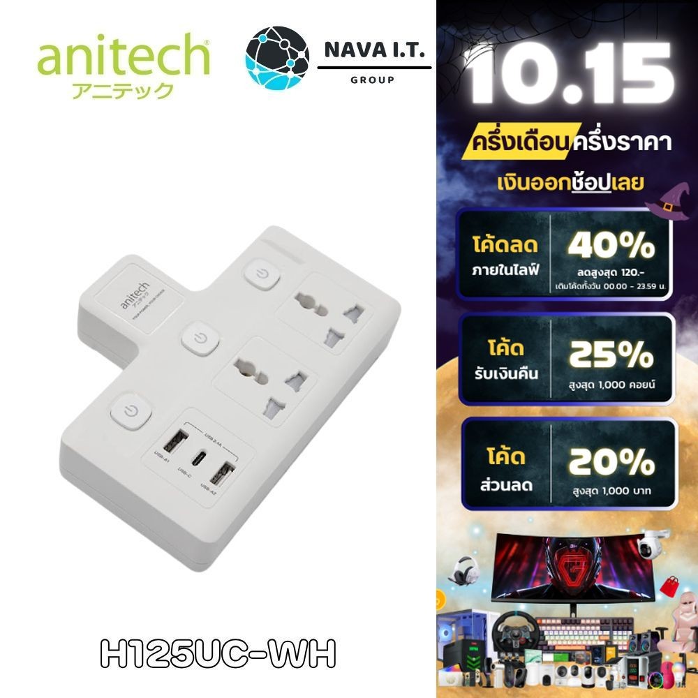 🛵มีส่งด่วน💨 ANITECH H125UC-WH ปลั๊กไฟ 2 ช่อง 3 สวิตช์ 2 USB-C รับประกัน 2 ปี