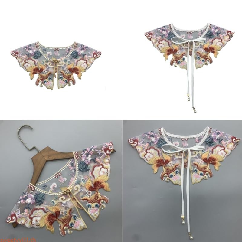 Sweetyvi1 กระโปรงหน้าม้า Faux Collar เย็บปักถักร้อยดอกไม้ตกแต่งผ้าคลุมไหล่ครึ่ง