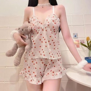 YY65 ชุดนอนซีทรู ด้านบน + กางเกงขาสั้น ตกแต่งลูกไม้ น่ารักแล…