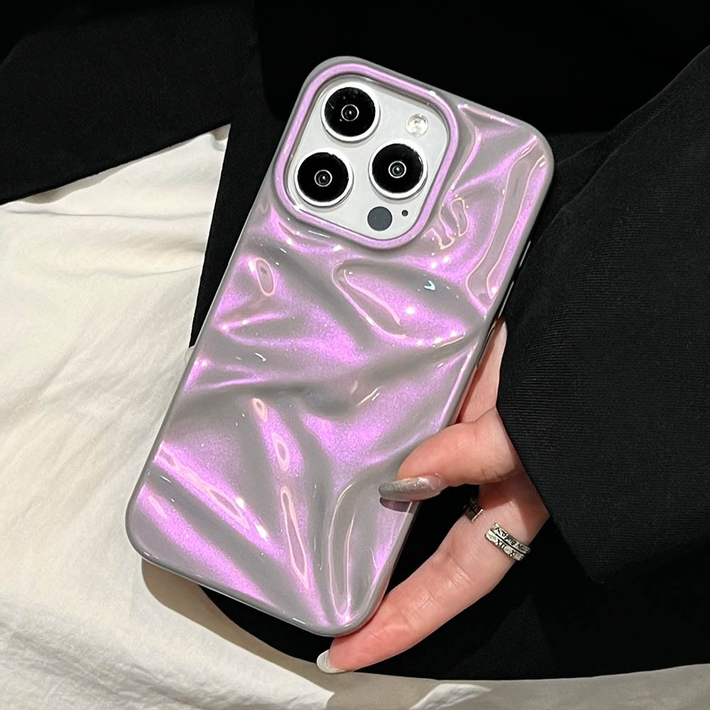 สีสันสีม่วงสีชมพูGlossyย่นเคสโทรศัพท์สําหรับiPhone 16 15 14 Plus 17 13 12 Pro Max 11 17Airสีทึบนุ่มกันกระแทกปกหลัง