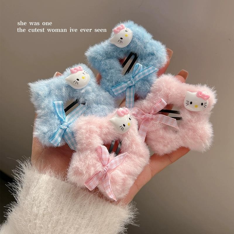 2024 ใหม่ฤดูใบไม้ร่วง/ฤดูหนาว Plush Star Hairpin สาว KT แมวลายสก๊อตโบว์ Bangs คลิปน่ารัก Headwear