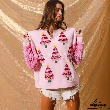 LDD-Women Christmas Sweatshirt แขนยาวคอลูกเรือ Elk พิมพ์ Hoodie Pullover เสื้อลําลองทุกวัน