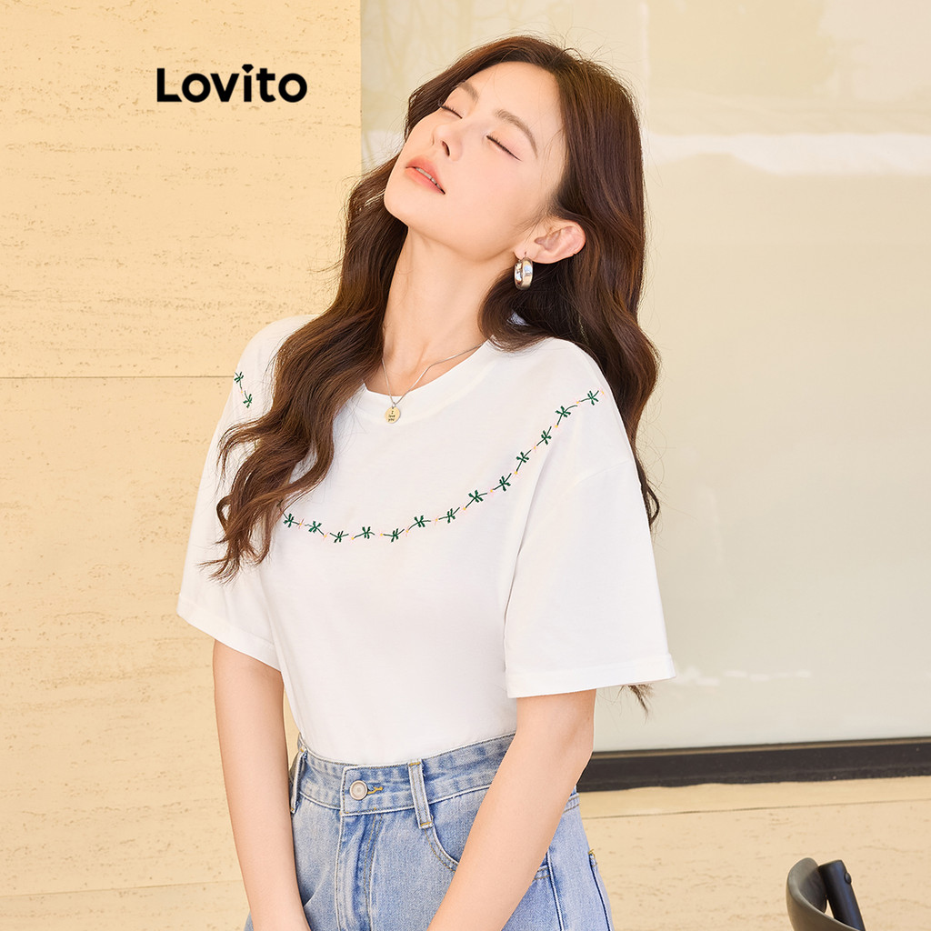 Lovito เสื้อยืดปักลายเรียบหรูสำหรับผู้หญิง L104ED925