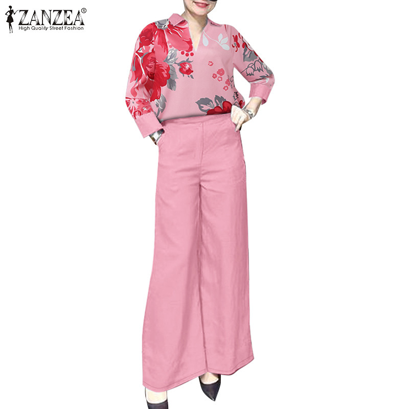 ZANZEA ใส่ ซานเซีย ผู้หญิงเกาหลีพิมพ์ปกแขนยาวกระเป๋ากางเกงขากว้างท็อปส์กางเกง
