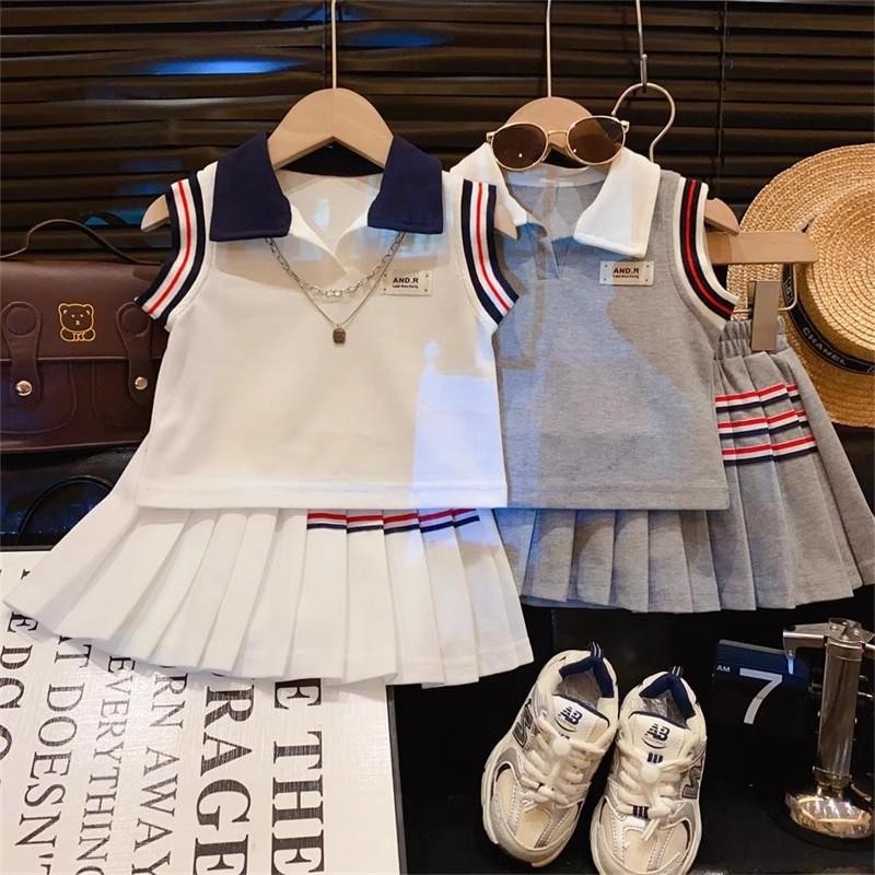 G248 (ขนาด 90-140) เซ็ทเสื้อคอปกและกระโปรงจีบรอบผ้าโปโลนิ่มใส่สบายทั้งชุด