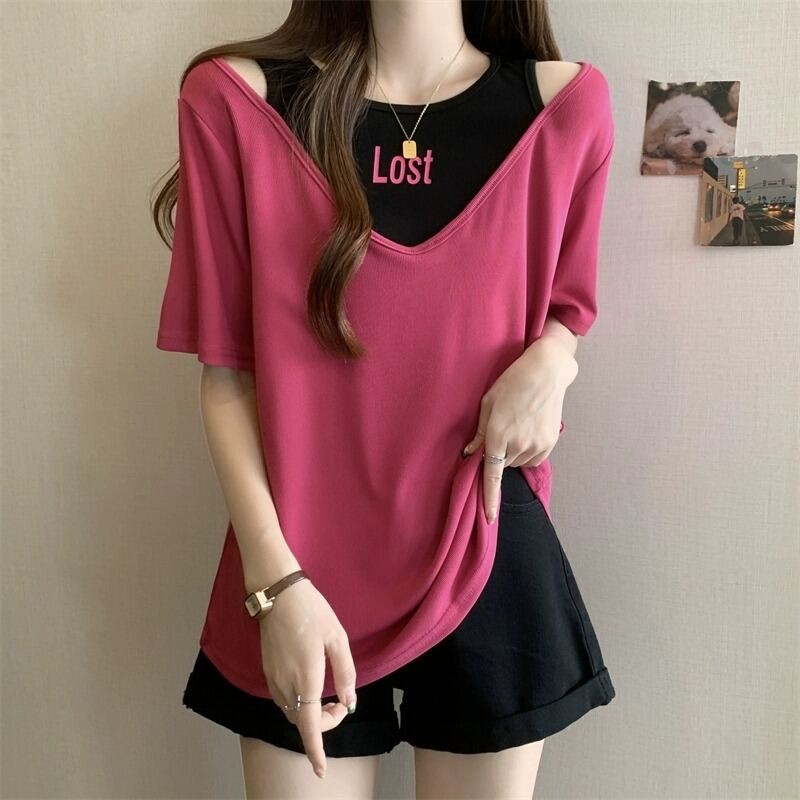 ฤดูร้อนแขนสั้นเสื้อยืดสําหรับผู้หญิงหลวมสลิมมิ่งปลอมสองชิ้นด้านบน