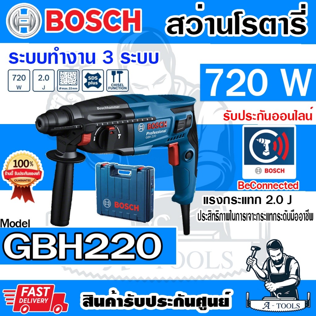 BOSCH สว่านโรตารี่ บ๊อช รุ่น GBH220 720W 23mm. 3ระบบ ปรับซ้าย-ขวา สกัดได้ 06112A60K0 GBH-220 GBH 220