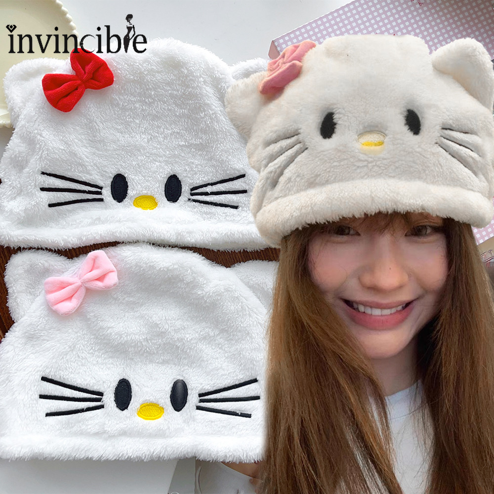 Sweet Girl Sanrio Hello Kitty Plush Hat - Kawaii Winter Cartoon Bowknot Kitten Thicken Keep Warm Ear Protection Furry Hat