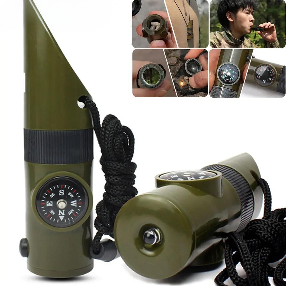 7 in 1 Jungle Survival Kit: นกหวีด เข็มทิศ ไฟฉาย LED แว่นขยาย และเครื่องวัดอุณหภูมิ