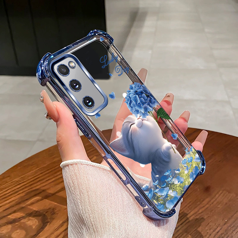 SAMSUNG สําหรับSamsung S10 S20 S21 FE S21 S20 PLUS S21 S20 ULTRAเคสโทรศัพท์ดอกไม้แมวสี่มุมซิลิโคนTPUโปร่งใสSoft shell XH007