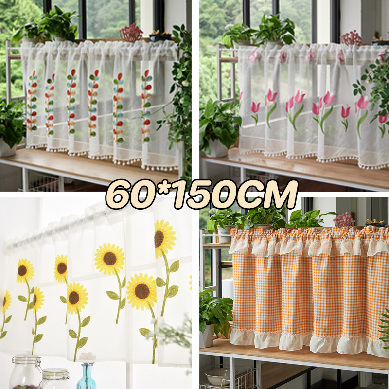พร้อมส่ง ผ้าม่านครึ่ง 60x150cm ผ้ากอซโปร่ง ลายดอกไม้ สีขาว สไตล์มินิมอลสำหรับตกแต่ง