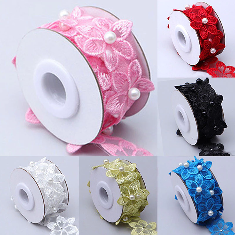 1 ม้วนลูกปัดมุก 3D ปักดอกไม้ Organza ริบบิ้นลูกไม้ Trim ผ้าสําหรับ Handmade ชุดแต่งงาน Diy เย็บเสื้อผ้าอุปกรณ์