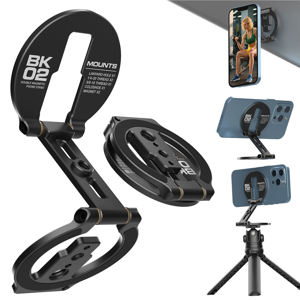 พับยิมขาตั้งโทรศัพท์ 1/4 "-20 ขาตั้งกล้อง Dual Magnetic Phone Holder สําหรับ iPhone Pro Max Plus Series
